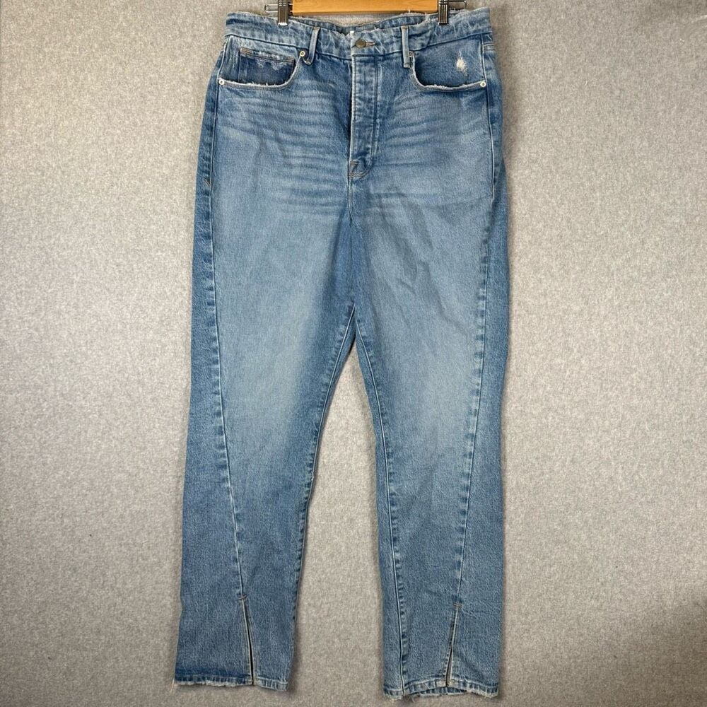Good American Women Size 16 Straight Leg Denim Jeans Light Wash Blue Distressed